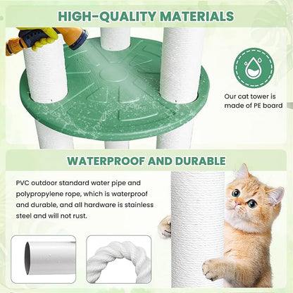 68 inch Waterproof cat Tower, Cylindrical Outdoor cat Tree with Green Leaves,Plastic Board and cat Scratching Post,Used in Catio,Deck,Patio
