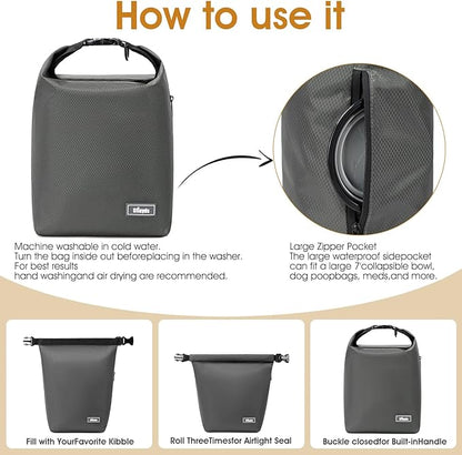 Waterproof Pet Food Storage Bag,Dog Food Container 12 lb w/2PCS Collapsible Dog Travel Bowls and Zipper Side Pocket(Gray, Small)