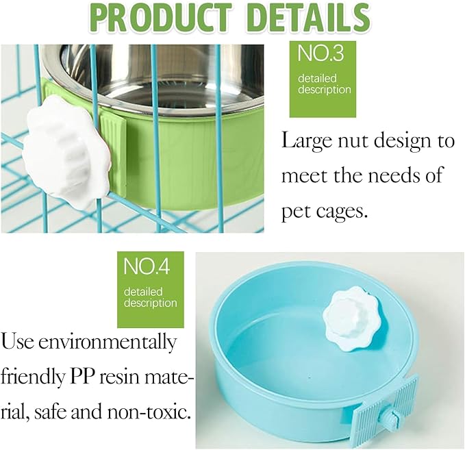 kathson Crate Dog Bowl 2pcs, Removable Stainless Steel Hanging Pet Kennel Cage Bowl Food & Water Feeder Coop Cup for Puppy, Cat, Rabbit, Guinea Pigs (2 PCS, Size: L, Blue and Green)