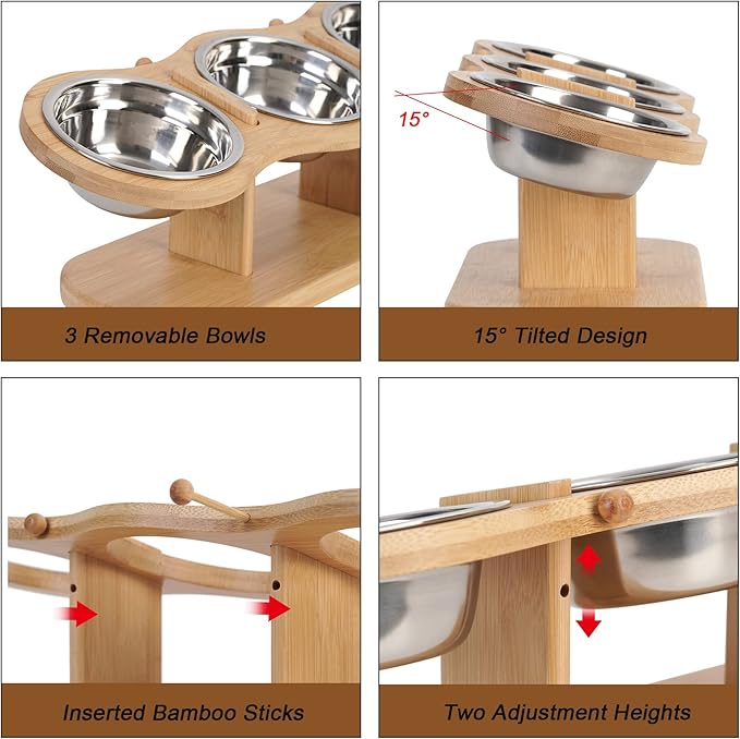 Elevated Cat Bowls Raised Cat Food Bowls, 15° Tilted Pet Bowls for Cats Puppy Small Dogs, Raised Dog Bowl Stand Feeder Adjustable Dog Cat Food Water Bowls Stand with 3 Stainless Steel Bowls