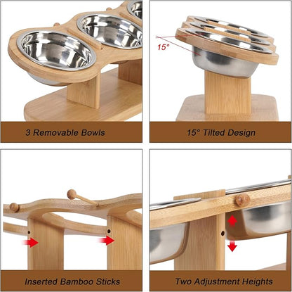 Elevated Cat Bowls Raised Cat Food Bowls, 15° Tilted Pet Bowls for Cats Puppy Small Dogs, Raised Dog Bowl Stand Feeder Adjustable Dog Cat Food Water Bowls Stand with 3 Stainless Steel Bowls
