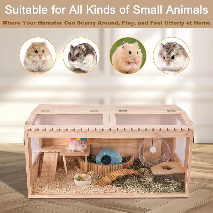 Wooden Hamster Cages and Habitats, 40" Guinea Pig Cage, Small Animal Cage for Dwarf Syrian Hamsters Degus Mice & Other Small Pets. Big Hamster Habitat with 2 Openable Door 40"x20"x20"