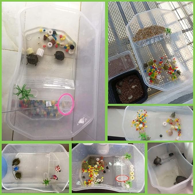 PINVNBY Plastic Turtle Tank Reptile Habitat Pet Terrariums Turtles Tank Aquarium Terrapin Topper Basking with Platform Plants,Durable,Safe, Non-Toxic(White)