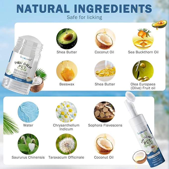 SCENEREAL Dog Paw Care Kit for Repairs Dry Cracked Paws & Nose, No-Rinse Foaming Cleaner & Balm & Nail Clipper File Set, Pet Foot Washer Paw Scrubber Brush for Large Medium Small XL Breed Dogs Cats