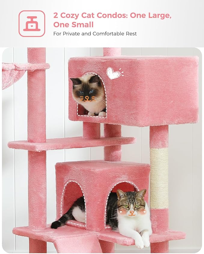 PEQULTI 56.3'' Cat Tree for Large Cats with Super Large Top Perch, Tower for Indoor Cats with Hammock and Sleeping Bag, Cat Shelves with Scratching Posts and 2 Condos Houses Pink