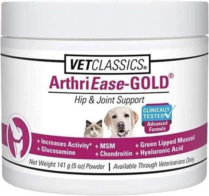 Vet Classics ArthriEase-Gold Hip & Joint Support for Dogs, Cats– Pet Health Supplement Powder – Alleviates Aches, Discomfort – For Flexibility, Healthy Joint Function – Antioxidants – 5 Oz