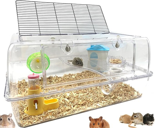 Large Deluxe 2-Tiers Acrylic Dwarf Hamster Home Mouse Gerbil Reptiles Palace Rat Habitat Cage Running Wheel Water Bottle Food Bowl Expandable Outlet