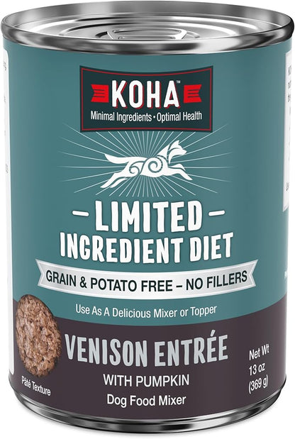 KOHA Limited Ingredient Diet Venison Entrée for Dogs - Dog Food Toppers for Picky Eaters - Grain Free Wet Dog Food with No Fillers - Sesnsitive Stomach Venison - 13 oz Pack of 12
