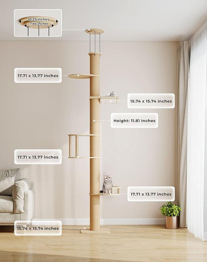 COZIWOW Floor-to-Ceiling Cat Tree, Adjustable (89-112 inches), Sturdy 5-Tier Tower for Large Cats. Features 5.5" Scratching Posts, Hammock, Platforms. Saves Space, enriches Indoor Play.