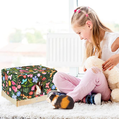 Guinea Pig Hideout, Wooden Guinea Pig Bed with Waterproof Mat, Durable Rabbit Bed with Door Curtain for Guinea Pig, Rabbit, Ferret, Squirrel, Bunny