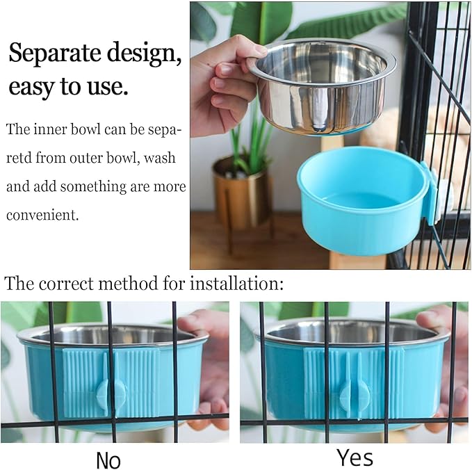 kathson Crate Dog Bowl, Removable Stainless Steel Hanging Pet Cage Bowl Food & Water Feeder Coop Cup for Cat, Puppy, Birds, Rats, Guinea Pigs (6 PCS, Size: M, 2×Blue,2×Green,2×Pink)