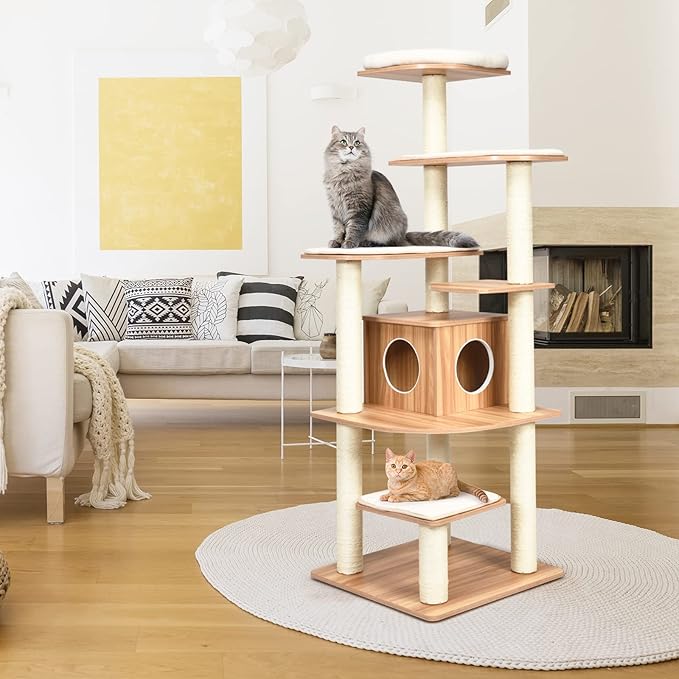PETSITE Tall Cat Tree for Indoor Cats, 69 Inches Multi-Level Modern Cat Tower with Plush Perch, Cozy Condo, Platforms, Sisal Scratching Posts, EVA Massage Comb & Removable Cushions (Natural)