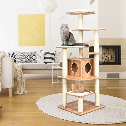 PETSITE Tall Cat Tree for Indoor Cats, 69 Inches Multi-Level Modern Cat Tower with Plush Perch, Cozy Condo, Platforms, Sisal Scratching Posts, EVA Massage Comb & Removable Cushions (Natural)