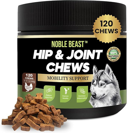 Noble Beast Dog Joint Supplement - Hip and Joint Care for Dogs - All Natural - Soft Chews with Glucosamine, Chondroitin, MSM & Hemp for Dog Joint Relief - Chicken Flavor – 120 Count