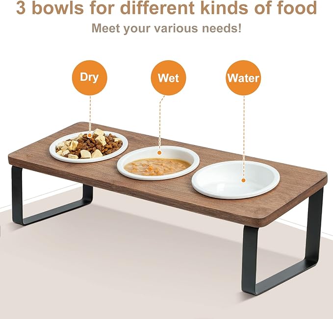 Sunhoo Raised Cat Food Water Bowl Elevated Tilted Kitty Dishes Set of 3 Ceramic Dish for Indoor Cats Orthopedic Pet Food Stand Reduces Vomiting 3 Bowl Cat Feeder Easy Assembly(Brown)