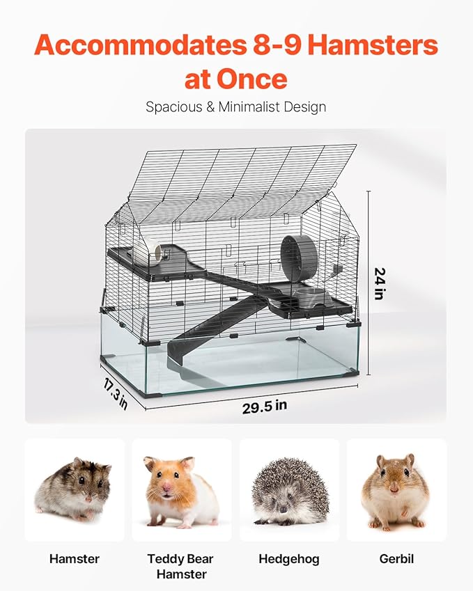 VEVOR Hamster Cage, 360° Viewing Transparent Hamster Habitats, Small Animal Cage, 29.5 x 17.3 x 24 in, Ventilated Pet Mouse Cages with Water Bottle, Portable Hamster House for Rats, Guinea Pigs