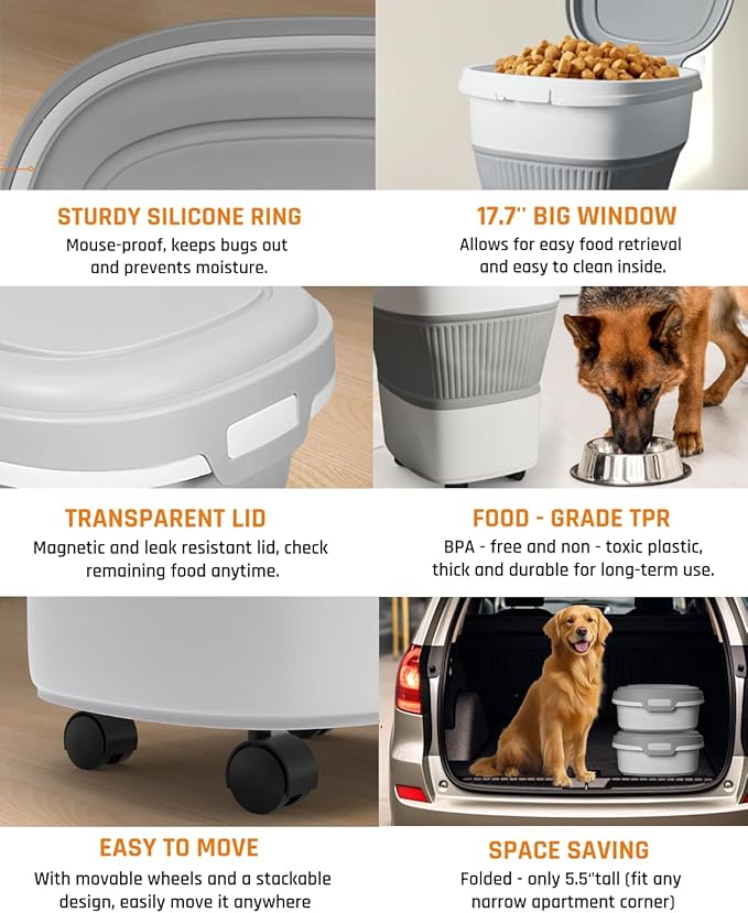 28-30Lbs Dog Food Storage Container, Collapsible Dog Food Container with Lid,Multifunctional Pet Food Storage Container for Dog,Cat,Rice,Flour,Pet Food Scoop and Small Container