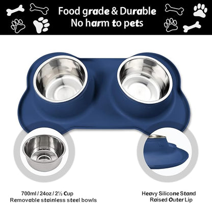 AsFrost Dog Food Bowls Stainless Steel Dog Food & Water Bowl Set with No Spill No Slip Silicone Mat, Dog Dishes for Small Medium Size Dogs Pet Cat Puppy Food Feeding Bowls, Blue, 24oz, 3 Cup