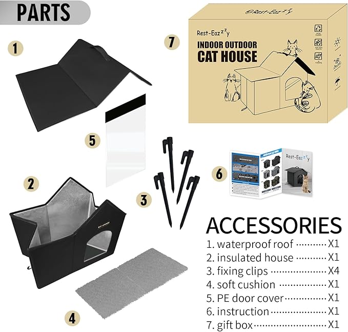 Rest-Eazzzy Outdoor Cat House, Feral Cat House Insulated with Mat and Clip, Weatherproof and Insulated, Cat Beds for Cats Kittens Puppies, Never Blow Away (Black, M 13" X 17" X 20")