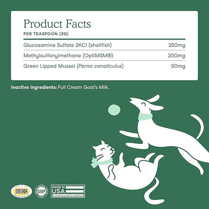 Fera Pets Goat Milk - Cat & Dog Hip and Joint Support with Glucosamine, MSM & Green Lipped Mussel - Supports Flexibility, Mobility & Bone Health - for Picky Eaters - 60 TSP