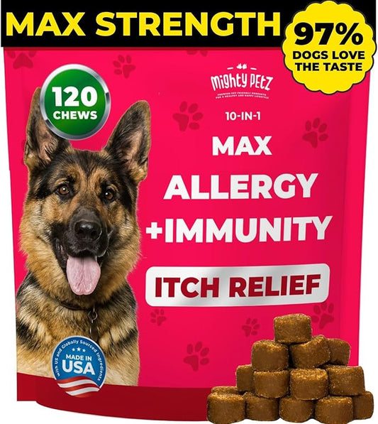 Mighty Petz MAX Dog Allergy Relief Chews - Itch Relief with Colostrum, Probiotics & Immune Support for Seasonal Allergies & Itchy Skin