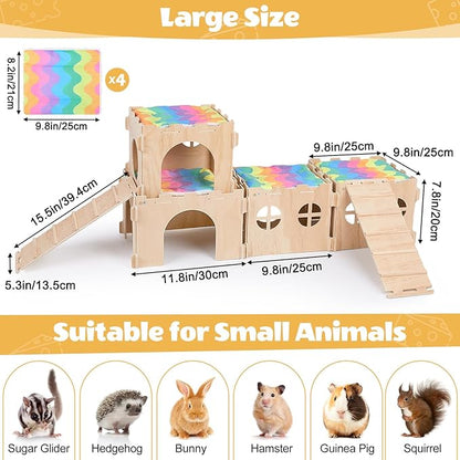 Guinea Pig Hideout, Guinea Pigs House with Stairs and Mats Extra Large Guinea Piggy Castle Detachable Hideouts for Small Animals Wooden Guinea Pig Habitats with Multiple Doors and Windows