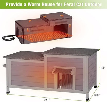 GUTINNEEN Heated Cat House with Insulated Liner Outdoor Cat House with Anti-Bite Cable Weatherproof Cat Shelter with Heater Feral Cat House for Winter