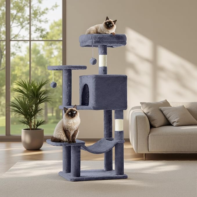 Sweetcrispy 44 inch Cat Tree Tower, Multi-Cat Climbing Tower with Condo, Natural Sisal Scratching Posts, Extended Platform, Hammock, Pet House for Indoor Cats and Kittens Play, Dark Grey