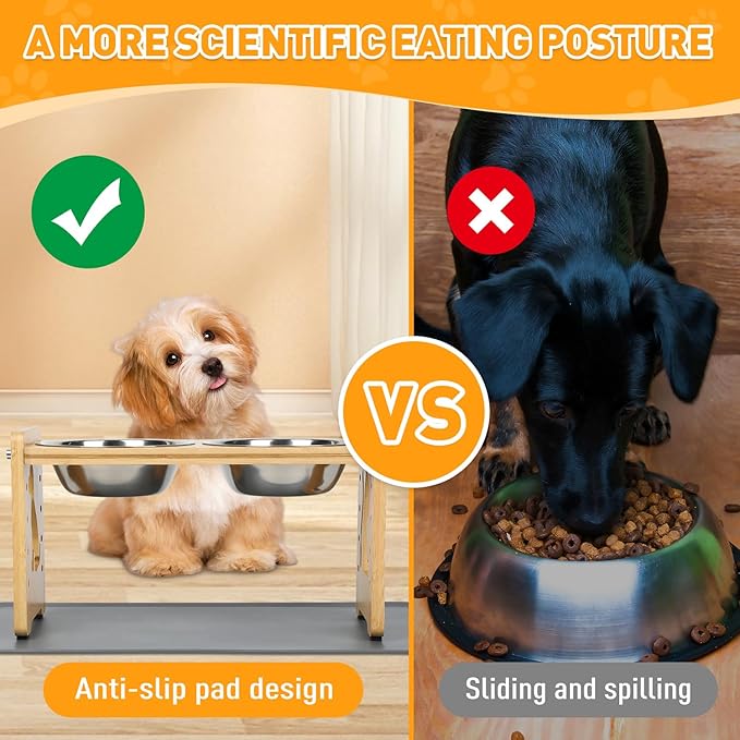 Elevated Small Dog and Cats Bowls, Adjustable Raised Dog Bowl Stand for Small Breeds and Cats,Stand with 2 Stainless Steel Bowls, Anti-Slip Silicone Pad. ﻿