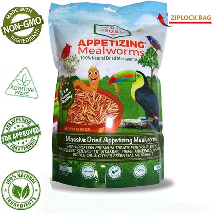 Amzey Dried Mealworms 1 LB, 100% Natural Meal Worms for Chicken & Birds, Organic Chicken Feed for Laying Hens, High Protein and Nutrition, Zipped Bag