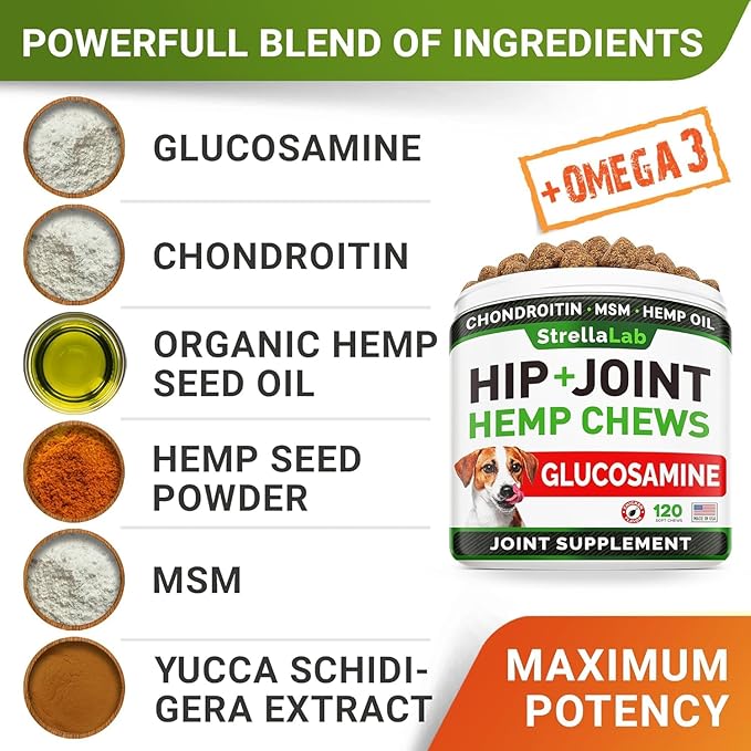 Advanced Hemp + Glucosamine Dog Joint Supplement - Hip Joint Pain Relief - Mobility Chews for Dogs - Chondroitin, MSM, Omega - Made in USA - Lamb Flavor - 120 Hemp Treats