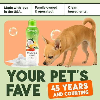 TropiClean Citrus Flea & Tick Shampoo for Dogs, Soothing Bite Relief, Fresh Citrus Scent, Made in the USA, 20oz.