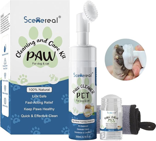 SCENEREAL Dog Paw Care Kit, No-Rinse Foaming Cleaner & Natural Lick Safe Balm Set for Repairs Dry Cracked Paws & Nose, Pet Foot Washer Paw Scrubber Brush for Large Medium Small XL Breed Dogs Cats