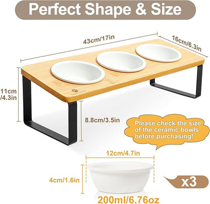 Sunhoo Raised Cat Food Water Bowl Elevated Tilted Kitty Dishes Set of 3 Ceramic Dish for Indoor Cats Orthopedic Pet Food Stand Reduces Vomiting 3 Bowl Cat Feeder Easy Assembly(Wood Color)