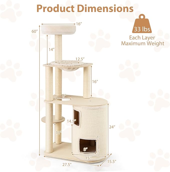 PETSITE 60 Inch Modern Tall Cat Tree for Indoor Cats, Wooden Cat Tree Tower with 2-Story Condo, Sisal Scratching Posts and Board, Top Perch, and Round Napping Bed, Soft Washable Cushions Covered