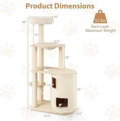 PETSITE 60 Inch Modern Tall Cat Tree for Indoor Cats, Wooden Cat Tree Tower with 2-Story Condo, Sisal Scratching Posts and Board, Top Perch, and Round Napping Bed, Soft Washable Cushions Covered