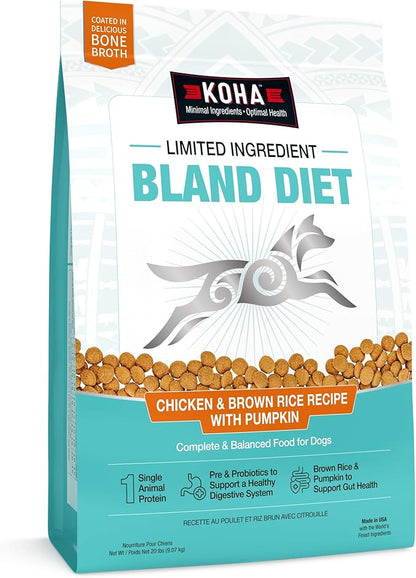 KOHA Limited Ingredient Bland Diet Dry Food for Dogs - Chicken & Brown Rice Recipe, Sensitive Stomach Dog Food - Pumpkin for Digestive Support, 20 lbs