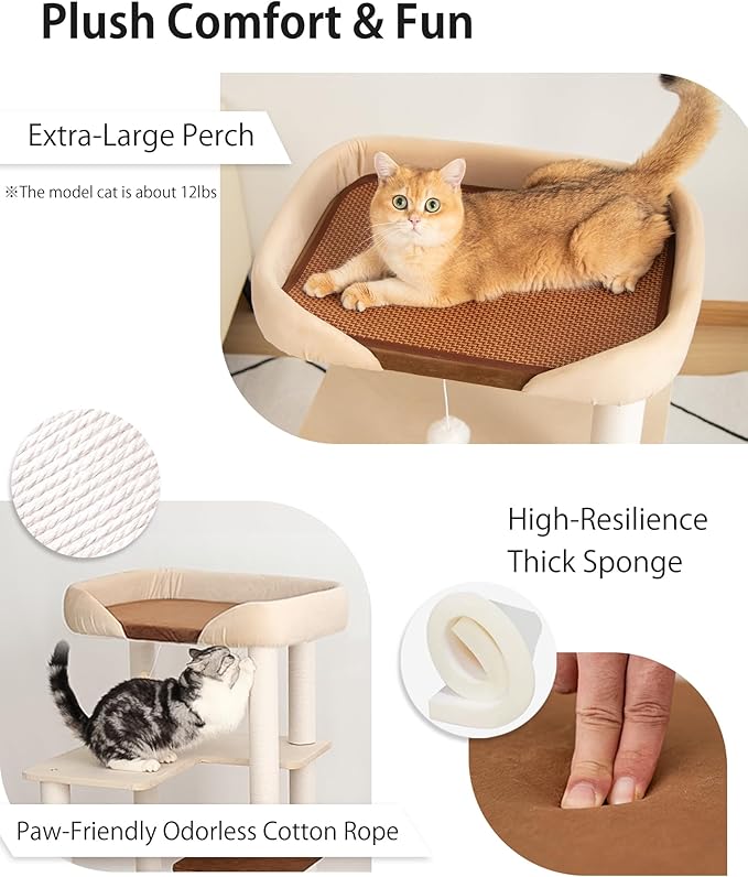 Cat Tree for Indoor Cats Large Adult, Modern Cat Tree Tower with Sisal-Covered Scratching Posts, Cozy Perches, Hammocks, and Interactive Toys for Kittens, 37.4'' Cream