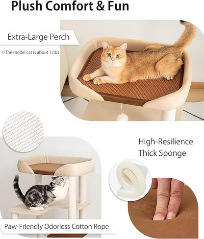 Cat Tree for Indoor Cats Large Adult, Modern Cat Tree Tower with Sisal-Covered Scratching Posts, Cozy Perches, Hammocks, and Interactive Toys for Kittens, 37.4'' Cream