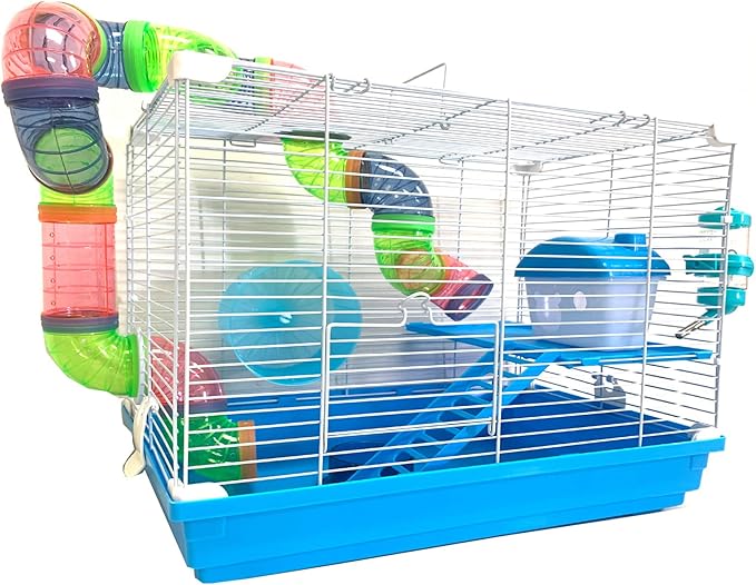 2 Levels Habitat Hamster Home Rodent Gerbil Mouse Mice Rat Wire Cage with Complete Set of Accessories (18" L x 12" W x 15" H, Blue)