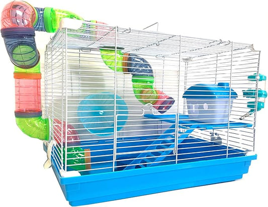 2 Levels Habitat Hamster Home Rodent Gerbil Mouse Mice Rat Wire Cage with Complete Set of Accessories (18" L x 12" W x 15" H, Blue)