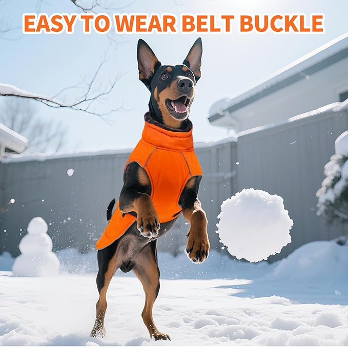 DENTRUN Large Dog Winter Coat - Windproof Reflective Warm Coat, Adjustable Neck & Snap Closure, Water Repellent Thick Fleece Vest, Fleece Lined for for Golden Retriever, Orange, XL