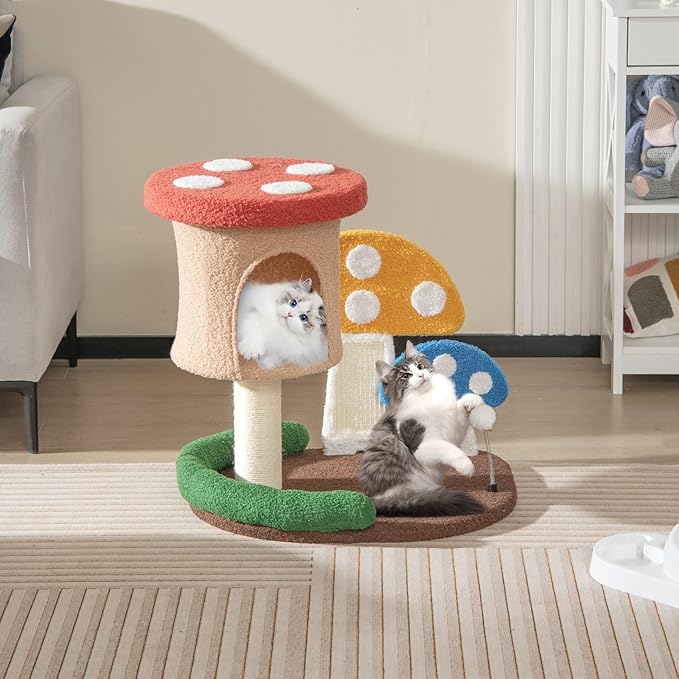 Tangkula Mushroom Cat Tree, Cute Cat Tower with Full-Wrapped Sisal Post, Scratching Board & Spring Ball, Cat Condo, Flower Cat Tree Tower for Indoor Cats Large Adult (23.5 Inch)