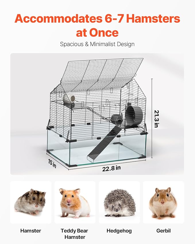 VEVOR Hamster Cage, 360° Viewing Transparent Hamster Habitats, Small Animal Cage, 22.8 x 15 x 21.3 in, Ventilated Pet Mouse Cages with Water Bottle, Portable Hamster House for Rats, Guinea Pigs