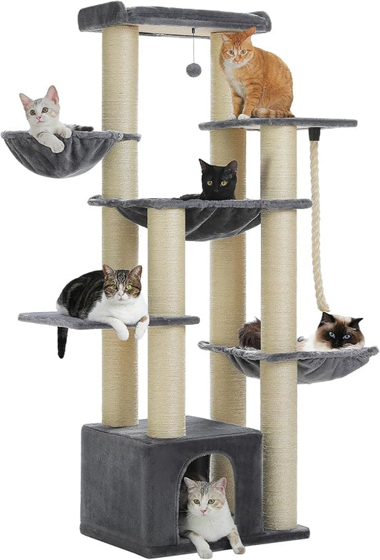 67" Heavy Duty Cat Tree for Indoor Cats Large Adult, XXL Cat Tower with 13 Thick Scratching Posts (φ4.3), Large Perch, Spacious Condo & Big Hammock - for Maine Coon up to 20 lbs, Grey