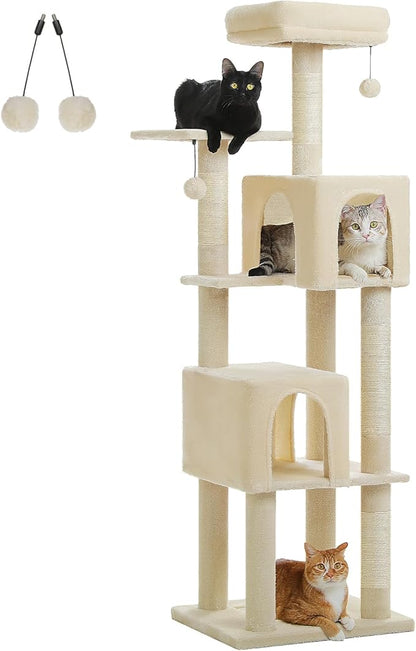 62" Cat Tree for Indoor Cats, Multi-Level Cat Tower with 2 Spacious Condos, Dual Top Perches, Scratching Pad, 4 Scratching Posts, 2 Pompoms, Beige