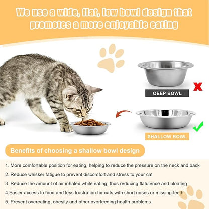 2 PCS Stainless Steel Cat Bowl - Shallow Wide Flat Cats Food Bowls,Metal Kitten Dishes Whisker Friendly Fatigue Relief,Replacement Basic Kitty Plates for Elevated Stand,Dishwasher Safe…
