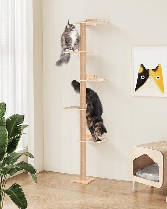 80inch Tall Cat Tree Wall Mount for Large Adult Cats, Adjustable 5-Tier Cat Tower Floor to Ceiling, Corner Climbing Pole with Full Scratching Post, 15.8in Big Perch Bed for Climb and Lookout