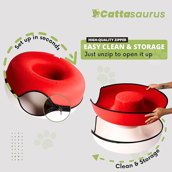 Cattasaurus Peekaboo Cat Cave, Extra Spacious for Multiple & Large Cats 12+ lbs, Scratch Detachable Cat Beds for Indoor Cats, Washable Tunnel Bed, Comfy Donut Tunnel (Ruby Snowball, Jumbo)