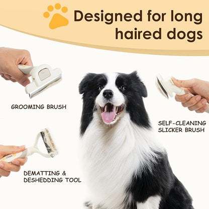 Professional Long-Haired Dog and Cat Grooming Kit - Deshedding and Slicker Brush Set 3 in 1 Gift Box for Long Hair Pets